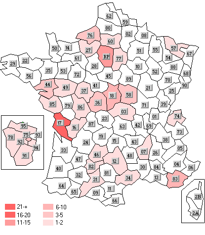 Répartition des PESSIOT par départements au 11 janvier 1998 - Carte de Rémy Pialat coloriée par mes soins...